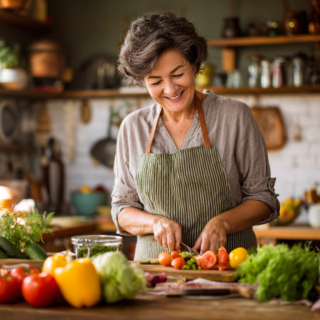Усмихната българка на средна възраст държи чиния със здравословна храна в светла кухня