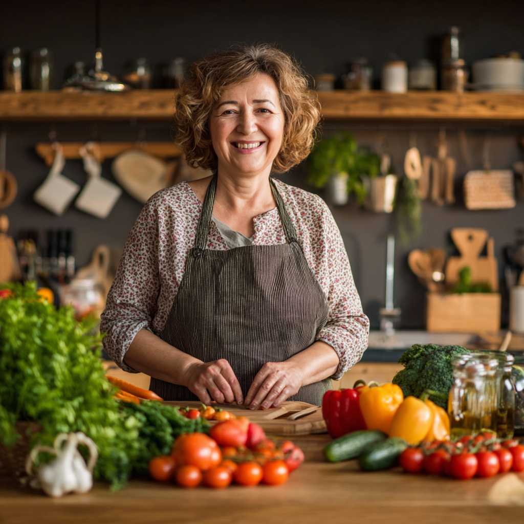 Група от усмихнати българи на различна възраст седят около маса с разнообразна здравословна храна